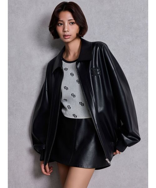 GYDA フェイクレザー ショート ジャケット　ブルゾン Symmetry GYDAフェイクレザースタンドカラーショートジャケット[品番