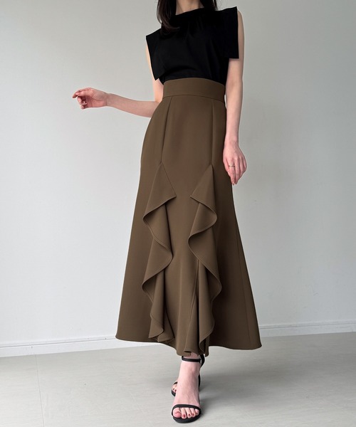 JUNOAH（ジュノア） ロング スカート ハイウエストスリットフリル