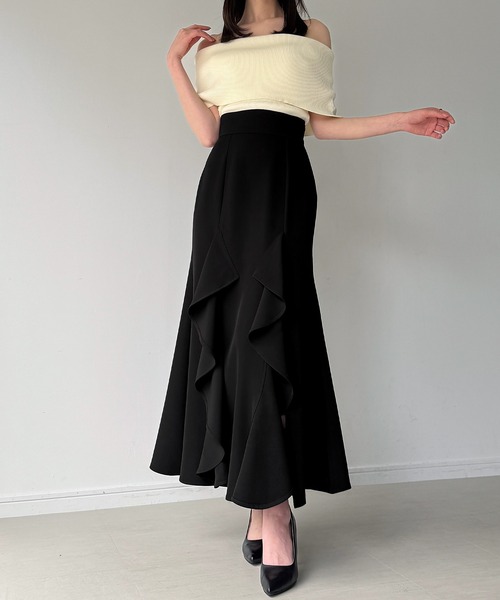 JUNOAH（ジュノア） ロング スカート ハイウエストスリットフリル