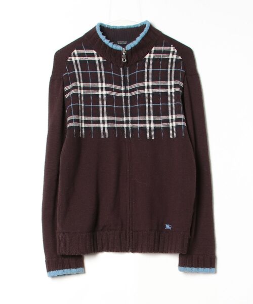 BURBERRY BLACK LABEL」 チェック柄ニットカーディガン 2 ブラウン 