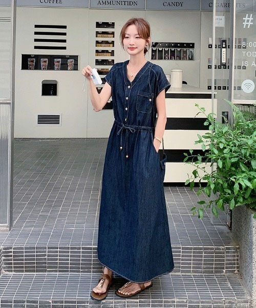 apolina 半袖ワンピース Aelina ワンピース 半袖 Vネックリボンデニムワンピース : ZOZOTOWN