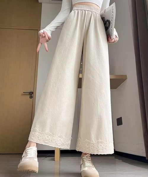 ワイドパンツ パンツ 裾のレースがさりげなく映える軽やかな一本 裾レースワイドパンツ レディース | Amulet | 06