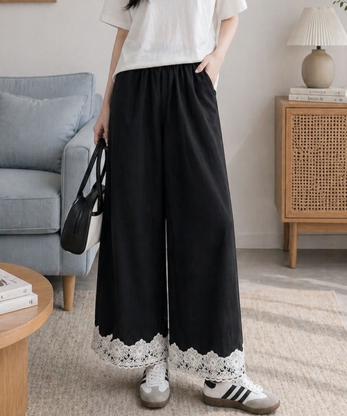 ワイドパンツ パンツ 裾のレースがさりげなく映える軽やかな一本 裾レースワイドパンツ レディース | Amulet | 15
