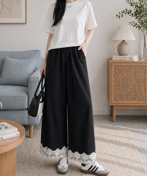 ワイドパンツ パンツ 裾のレースがさりげなく映える軽やかな一本 裾レースワイドパンツ レディース | Amulet | 16