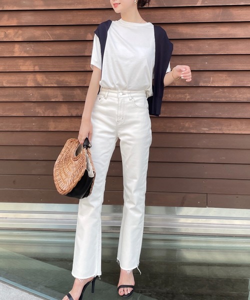 anuans パンツ デニム ジーンズ セミフレアカットオフデニム