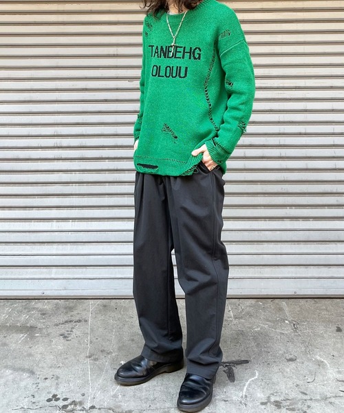 MODISH GAZE セーター ニット フロントロゴダメージ加工ニット メンズ