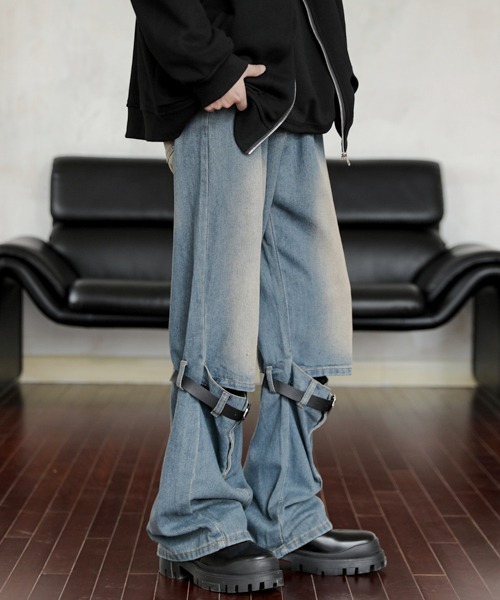 デニムパンツ ワイド ジーパン ベルト ウォッシュ 全2色 b4848 ジーンズ 「FVLMEN」vintage wash belt design wide denim