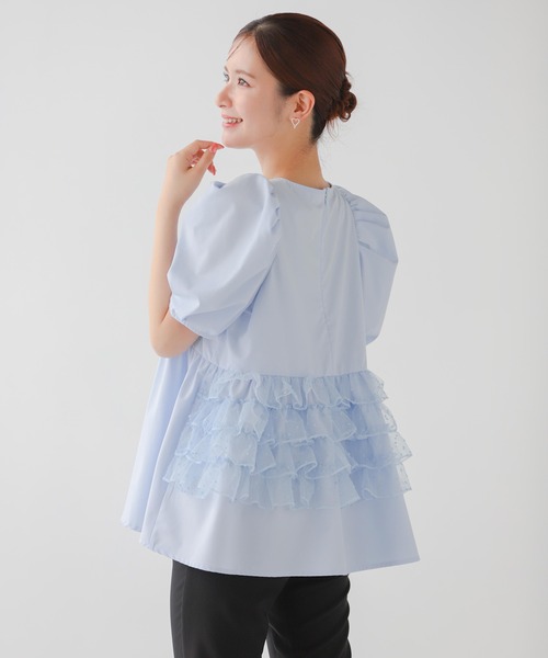 フィットモア　バックドットオーガンジーフリルブラウス　フリル　チュニック　新品 Fit more（フィットモア） ブラウス シャツ バックドットオーガンジー