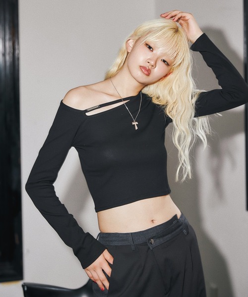 tシャツ ワンショルダーカッティングリブロンT レディース