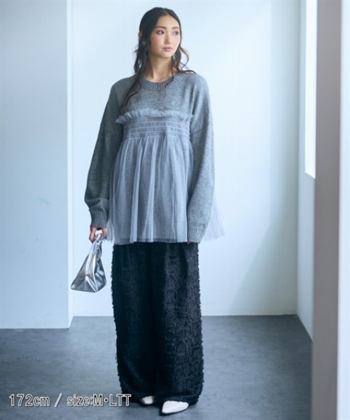 ニット セーター トールサイズ レディース 高身長 チュールドッキング プルオーバー Essenave 冬  制服 オフィス 産前 産後 LL〜3L/4L〜5L ニッセン nissen slattgir ニット セーター 高身長 チュールドッキングニットプル