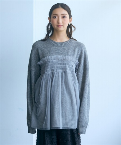 ニット セーター トールサイズ レディース 高身長 チュールドッキング プルオーバー Essenave 冬  制服 オフィス 産前 産後 LL〜3L/4L〜5L ニッセン nissen ニッセン ニット セーター トールサイズ レディース 高身長