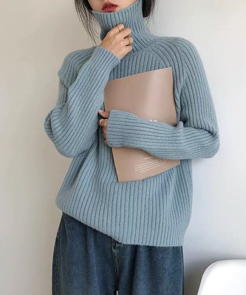 「VitaFelice」 「aroco」タートルネックニット FREE サックスブルー レディース_画像4