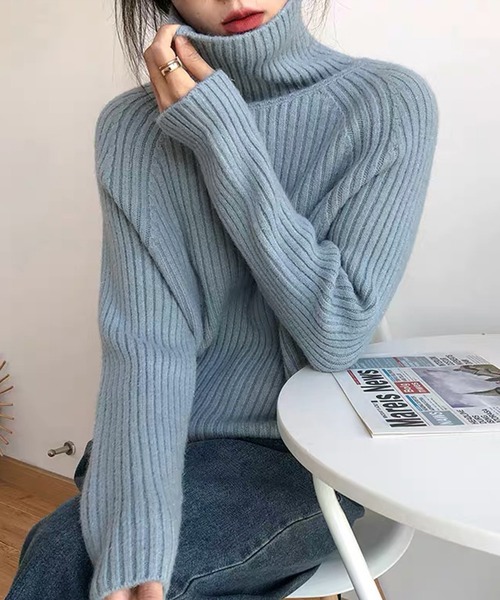 「VitaFelice」 「aroco」タートルネックニット FREE サックスブルー レディース_画像5