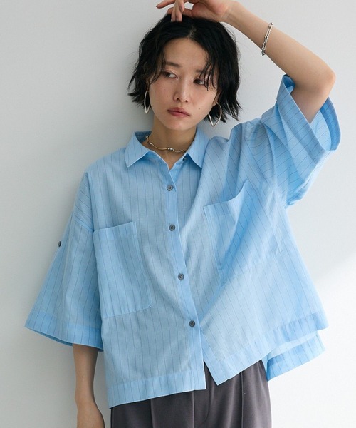 Green Parks（グリーンパークス） ブラウス シャツ 綿麻混5分袖ターン