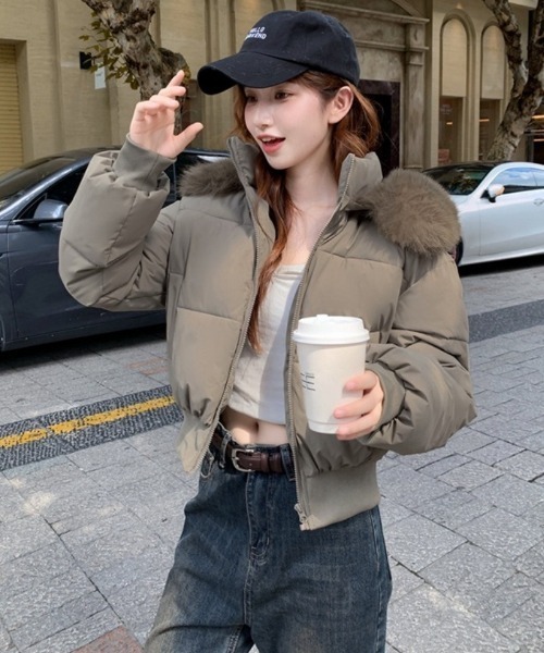 ダウンコート ダウンジャケット ショート丈 フェイクファーフード付き