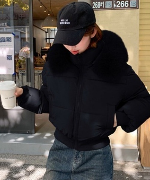 ダウンコート ダウンジャケット ショート丈 フェイクファーフード付き