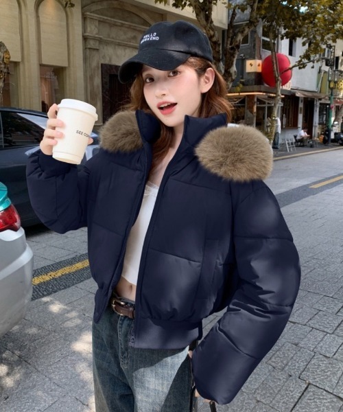 ダウンコート ダウンジャケット ショート丈 フェイクファーフード付き