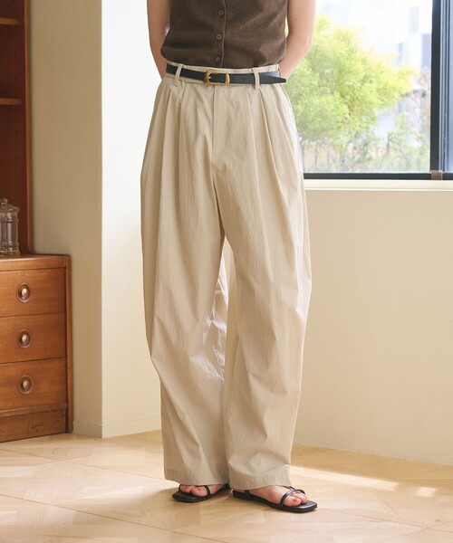 ワイドパンツ パンツ ナイロンコットン ワイドタックパンツ ウォッシャブル レディースの画像