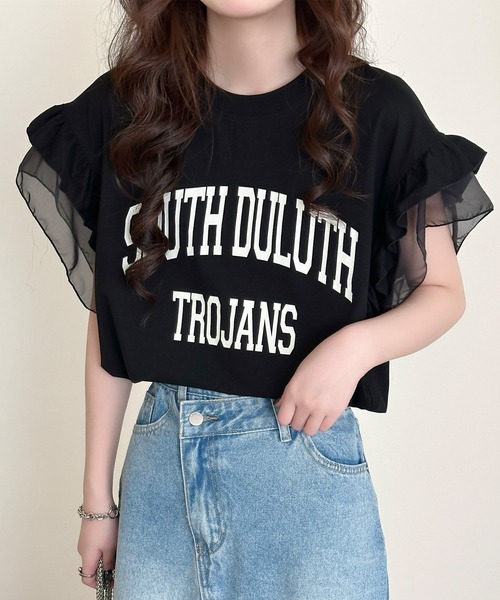 JUNROPE ブラック　フリル半袖Tシャツ DAY CLOSET tシャツ 半袖 「接触冷感/脇見せ防止」ひんやり冷たい 半袖