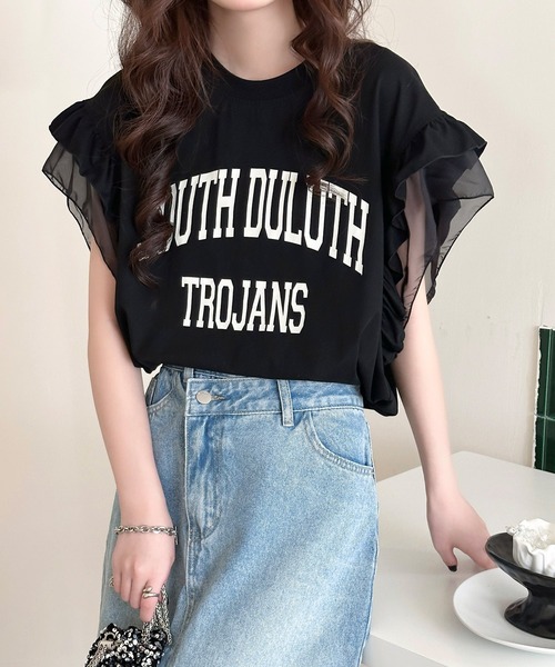 JUNROPE ブラック　フリル半袖Tシャツ DAY CLOSET tシャツ 半袖 「接触冷感/脇見せ防止」ひんやり冷たい 半袖