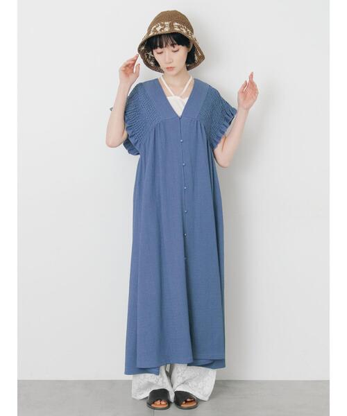 ワンピース 前開きシャーリングワンピースの画像