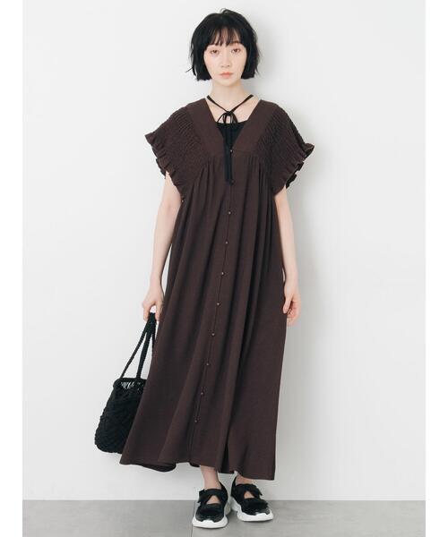 ワンピース 前開きシャーリングワンピースの画像