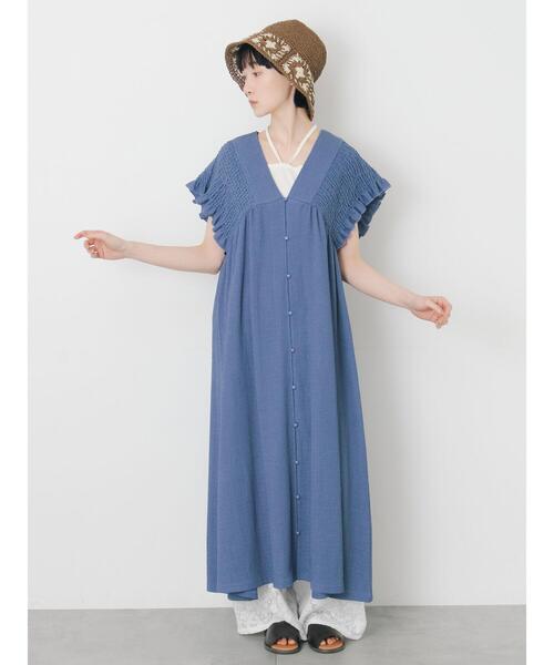 ワンピース 前開きシャーリングワンピースの画像