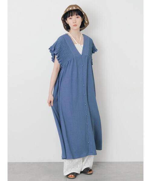 ワンピース 前開きシャーリングワンピースの画像
