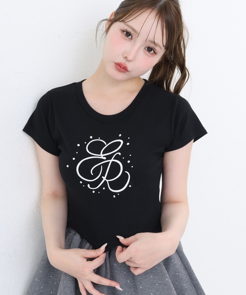 one after another NICE CLAUP tシャツ ビジュー付きロゴ刺繍Tee
