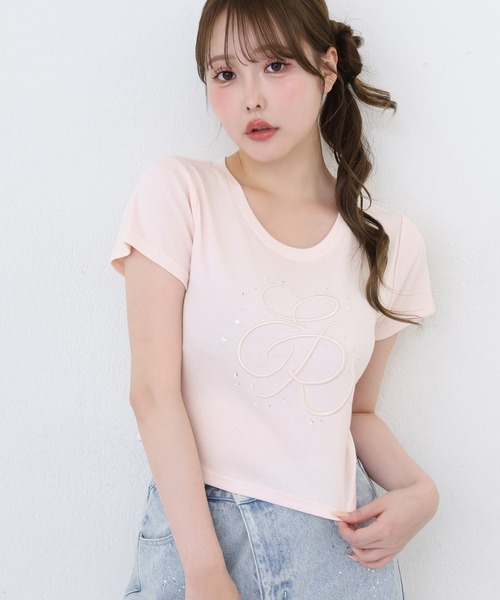 one after another NICE CLAUP tシャツ 半袖 ビジュー付きロゴ刺繍Tee