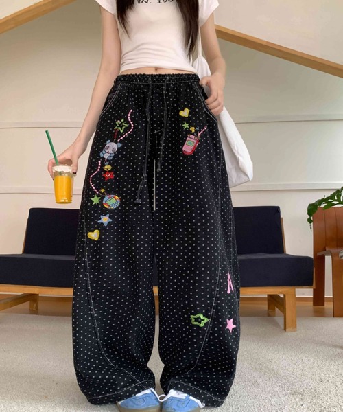 ワイドパンツ パンツ ウォッシュ加工 ヴィンテージ風 ドット柄