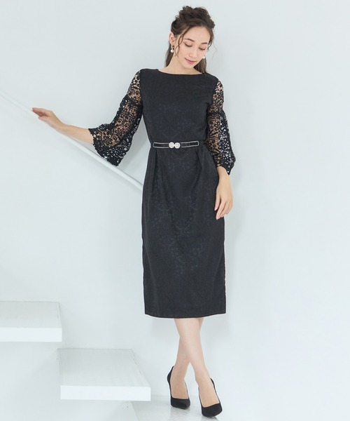 ドレス 結婚式ワンピースレース七分袖×ダマスク柄ワンピースドレス オケージョン | DRESS+ | 17