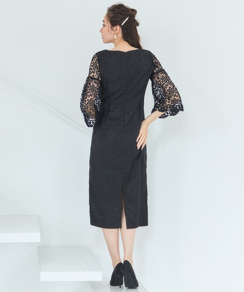 ドレス 結婚式ワンピースレース七分袖×ダマスク柄ワンピースドレス オケージョン | DRESS+ | 18