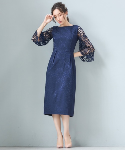 美品iNFINE ダマスク柄レースドレス　水色　長袖 DRESS+ ドレス 結婚式ワンピースレース七分袖×ダマスク柄