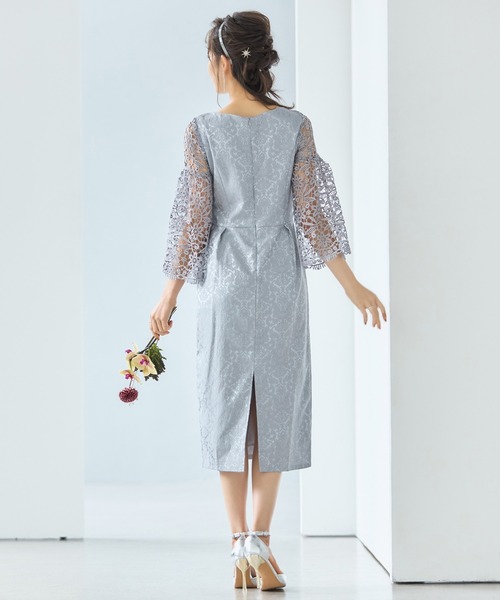 沸騰ブラドン DRESS+ ドレス 結婚式ワンピースレース七分袖×ダマスク柄 ワンピース