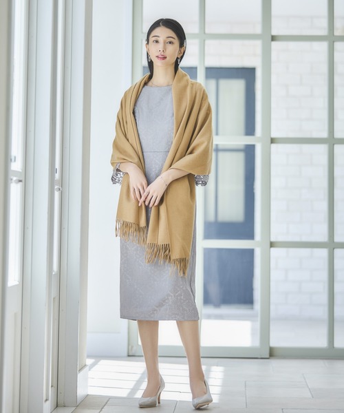 DRESS+ ドレス 結婚式ワンピースレース七分袖×ダマスク柄