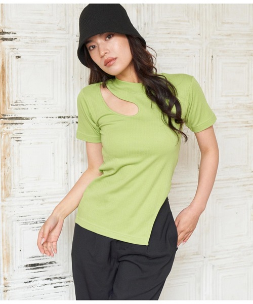 tシャツ アシメカットアウトデザイントップス EM25s095「EIGHTHMONTH」 レディース tシャツ アシメデザイン カットアウトリブトップス レディース
