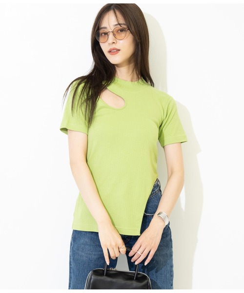 tシャツ アシメカットアウトデザイントップス EM25s095「EIGHTHMONTH」 レディース ANAP tシャツ テレコリブカットアウトアシンメトリーヘム