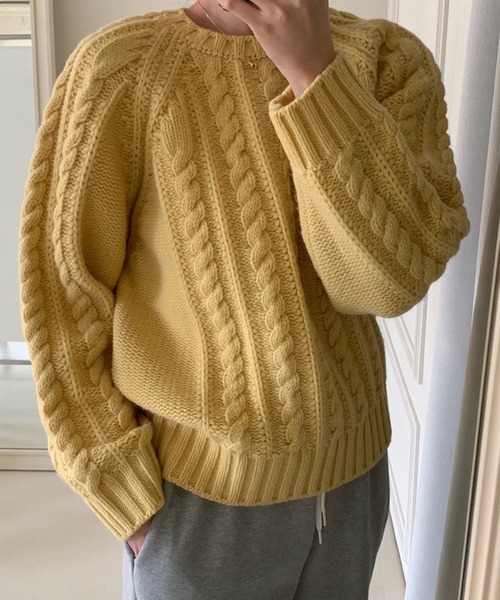 LYEON ニット セーター ラグランラウンドケーブルニットプルオーバー  
