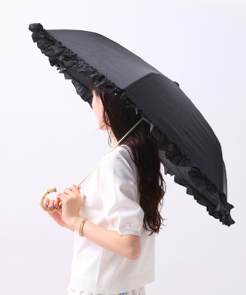 フリル付き黒い折りたたみ日傘 Ober Tashe（オーバータッシェ） 日傘 uvカット 折りたたみ傘