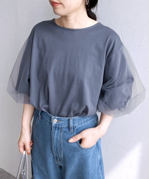 reca tシャツ 無地＆ボーダー袖チュールボリューム袖プル