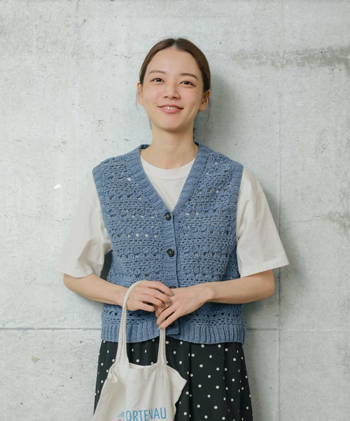 ベスト ジレ ネパールハンドニット コットンかぎ針ベスト レディース