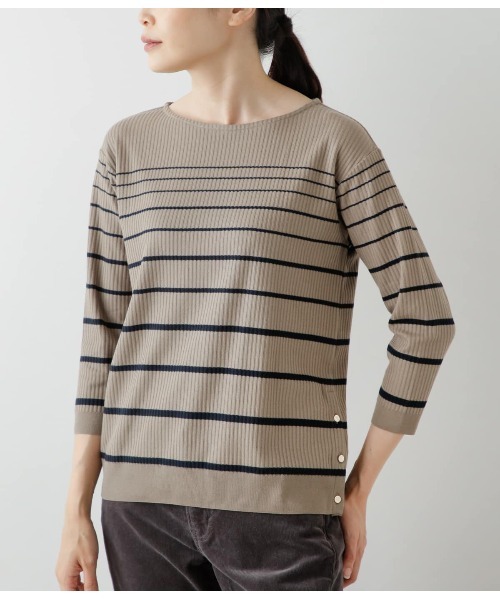 tシャツ リブ風グラデーションボーダー クルーネック7分袖プルオーバー レディース NEWYORKER tシャツ リブ風グラデーションボーダー クルーネック7