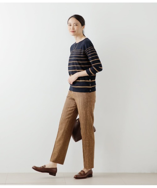 tシャツ リブ風グラデーションボーダー クルーネック7分袖プルオーバー レディース NEWYORKER tシャツ リブ風グラデーションボーダー クルーネック7