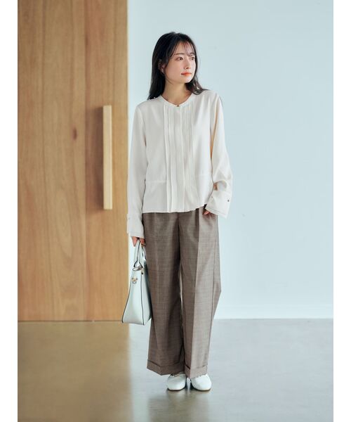 ブラウス シャツ フロントデザインダブルカフスブラウス「低身長・小柄女性」 レディース ブラウス シャツ フロントデザインダブルカフスブラウス「低身長