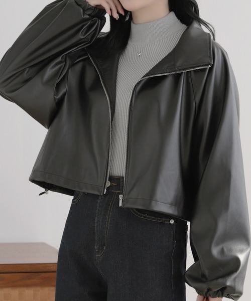 美品 フェイクレザードロストブルゾン ジャケット 合皮 スタンドネック ブルゾン アウター フェイクレザードロストショートブルゾン
