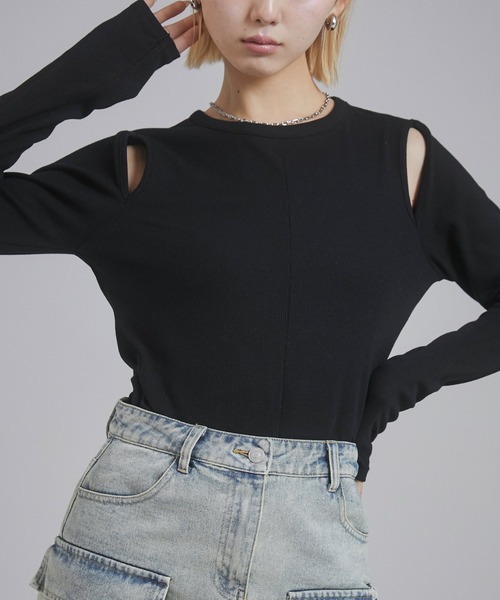 tシャツ カットアウト トップス レディース ENVYM tシャツ カットアウトリブトップス レディース : ZOZOTOWN