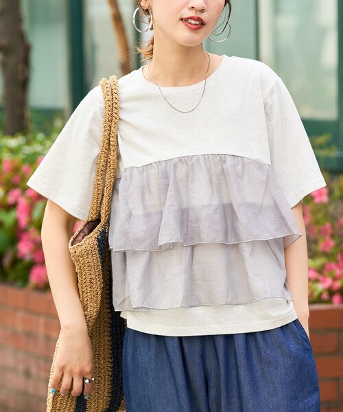 tシャツ オーガンジードッキングティアード半袖トップス レディース CADBURY tシャツ オーガンジードッキングティアード半袖トップス