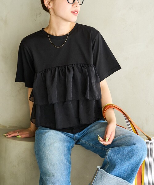 tシャツ オーガンジードッキングティアード半袖トップス レディース CADBURY tシャツ オーガンジードッキングティアード半袖トップス