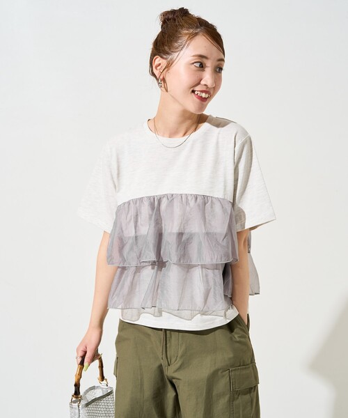 tシャツ オーガンジードッキングティアード半袖トップス レディース CADBURY tシャツ オーガンジードッキングティアード半袖トップス